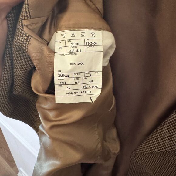 Jos A Bank "Gordon" 100% Wool Blazer 38 Reg Brown Tan Check - Picture 5 of 6